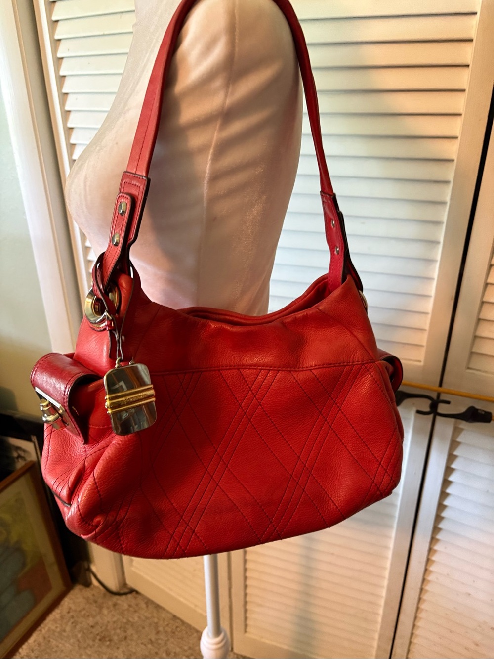 B Makowsky Red Leather Shoulder Bag with Quilted Detail